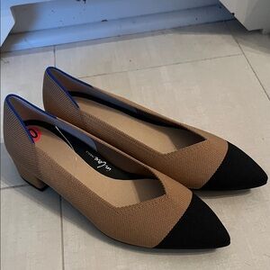 Rothy's Tan and Black Pointed Toe with low block heel